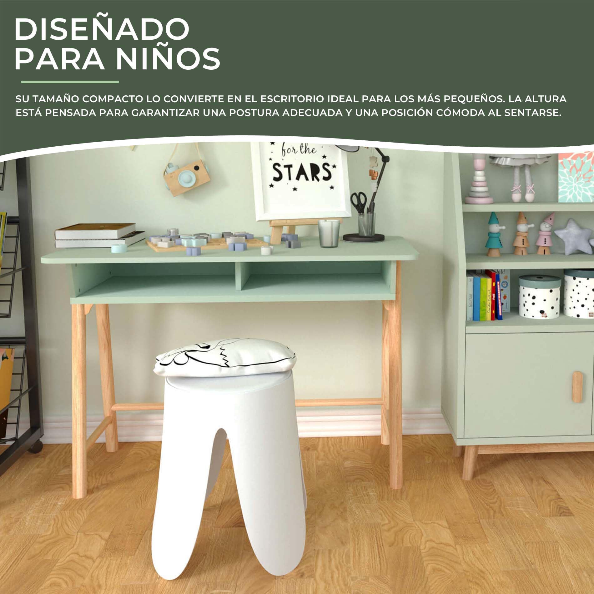 Rebecca Mobili Escritorio Montessori, Mesa para Habitación Infantil, Verde Agua Marrón, MDF Pino, con Compartimento de Almacenaje, Estable - Dimensiones AxAnxFon: 70 x 90 x 50 cm - Art. RE7136