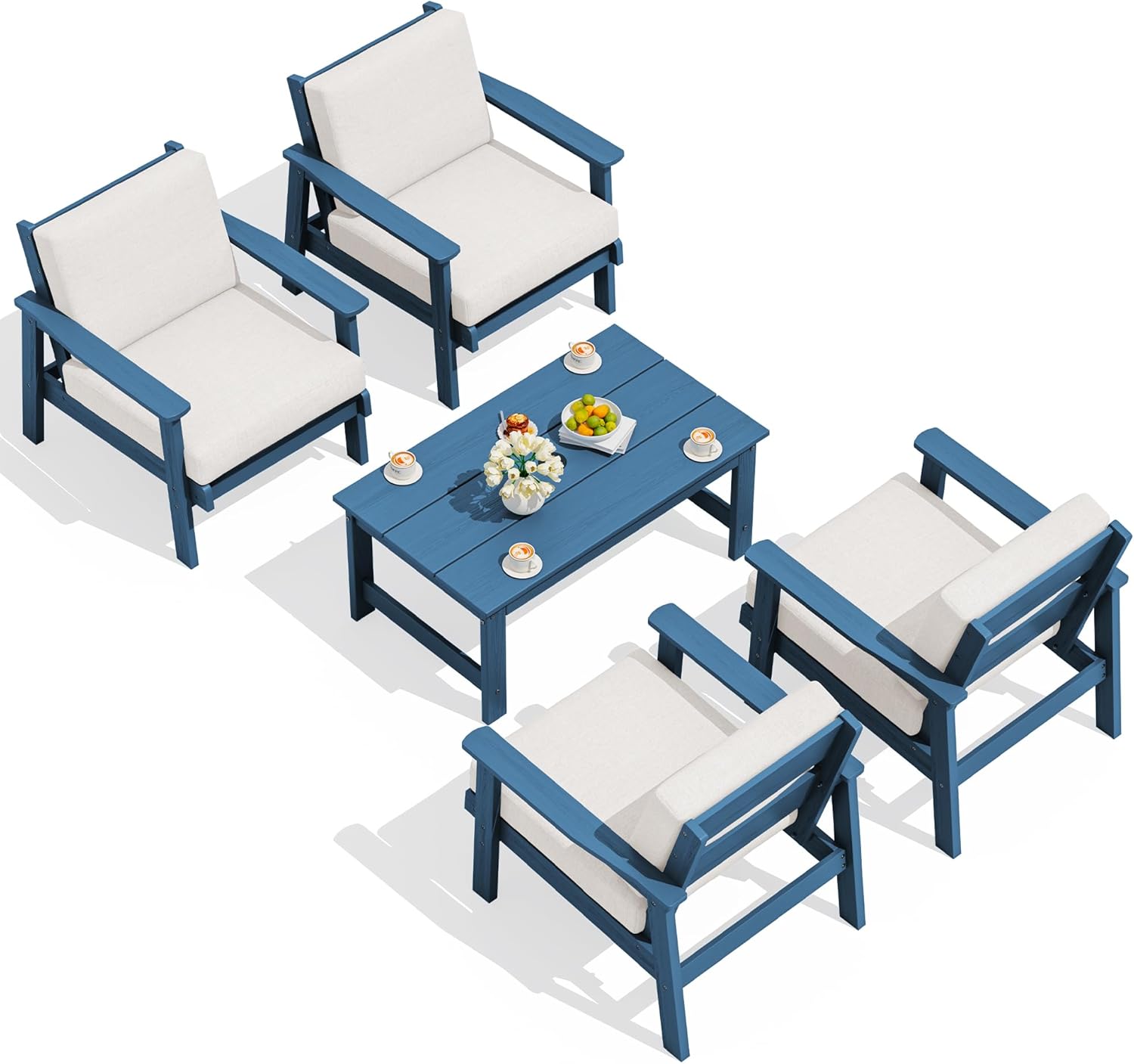 SERWALL Outdoor Patio Furniture Set, 5 Piece HDPE Patio Conversation Sets, All-Weather Wood-Like Outdoor Couch Loveseat and Coffee Table with Thick Cushions for Porch Balcony Garden Backyard