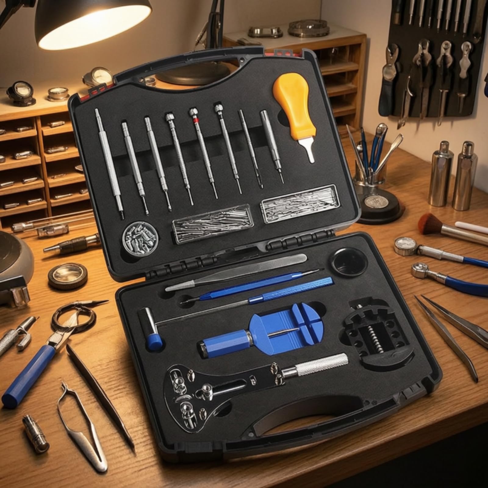 Kit Riparazione Orologi Set Attrezzi Utensili Strumenti Cassa Apricasse con Estrattore Maglie Cacciaviti Strumento Molle Pinzette Alloggiamenti