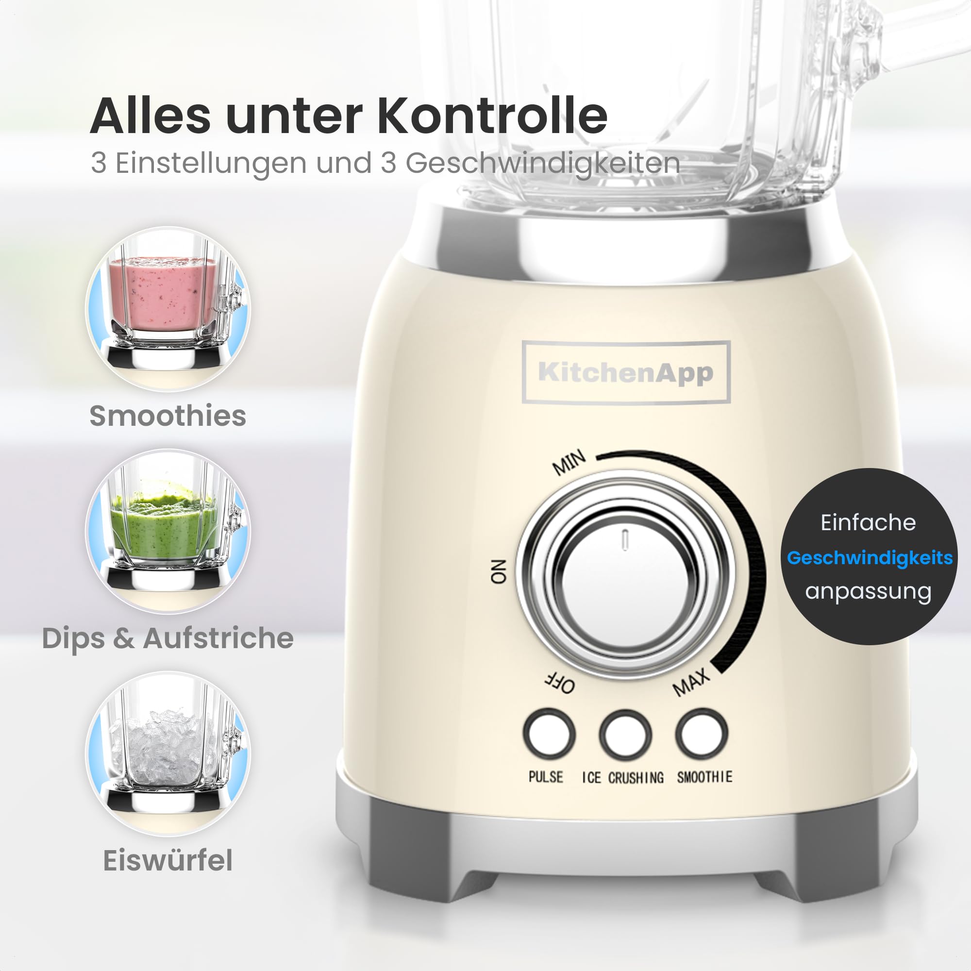Retro Standmixer 1,5L mit Glaskanne – 800W Mixer mit Eiscrusher, Smoothie- & Pulse-Funktion, Beige