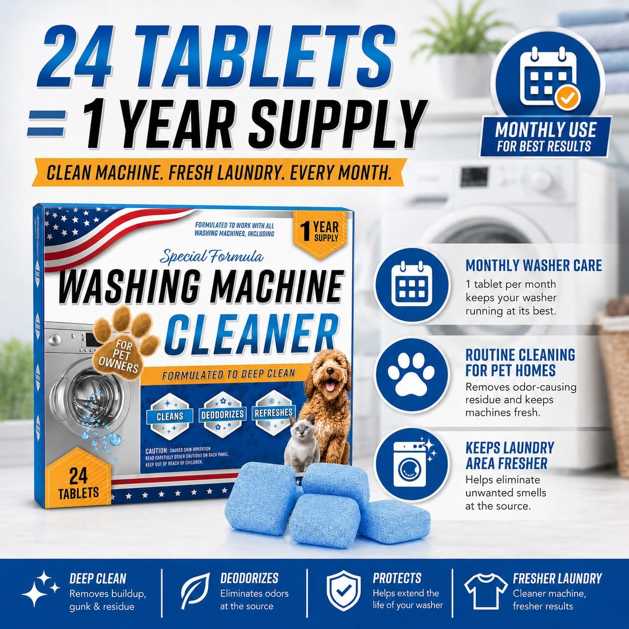 24 Pack Washing Machine Cleaner Tablets – Special Formula for Pet Owners, Remove Cat & Dog Hair, Dissolve Stubborn Dirt, Eliminate Pet Odor, Compatible with Top & Front Load, HE Washers, 1 Year Supply