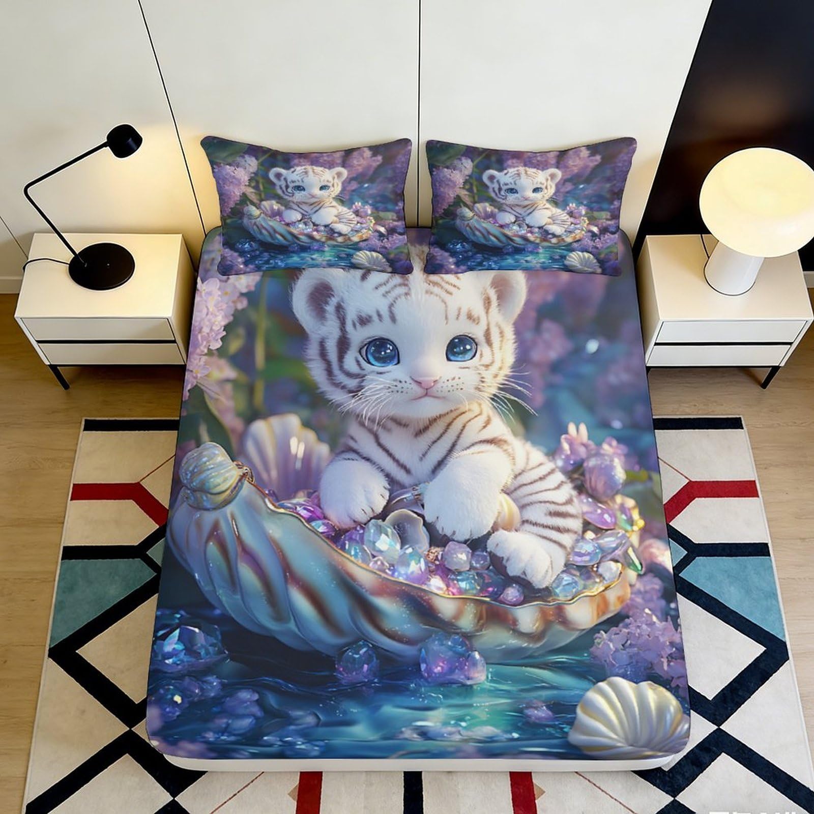 Jqzkxnhpbr Style-1 3D Printed Cute White Tiger Fitted Sheet Microfiber Soft Decorative Fantasy Forest Mattress Cover For Bedroom Dorm 90X200x25cm