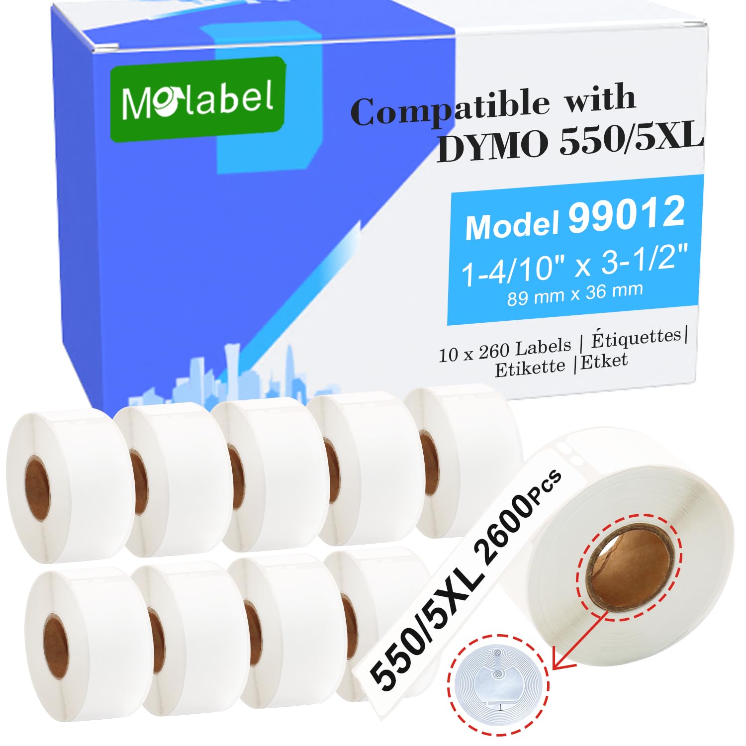 etichette compatibili con chip RFID – 10 rotoli Dymo 99012 S0722400, 89 x 36 mm, 260 etichette/rotolo, per stampanti Dymo LabelWriter 550, 550 Turbo, 5XL e altre