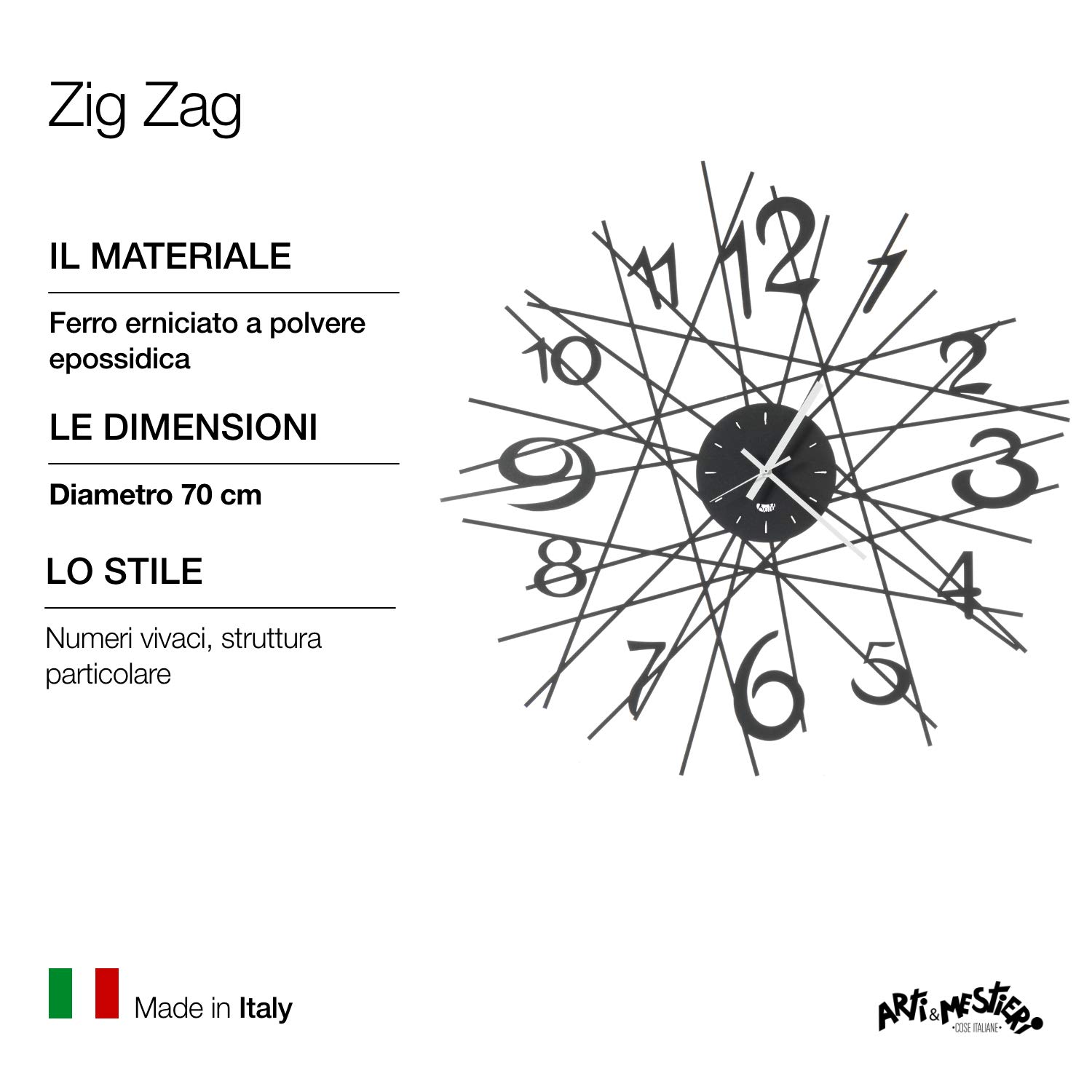 Arti & Mestieri Zig Zag - Orologio da Parete di Design 100% Made in Italy - in Ferro, Diametro 70 cm - Nero Goffrato