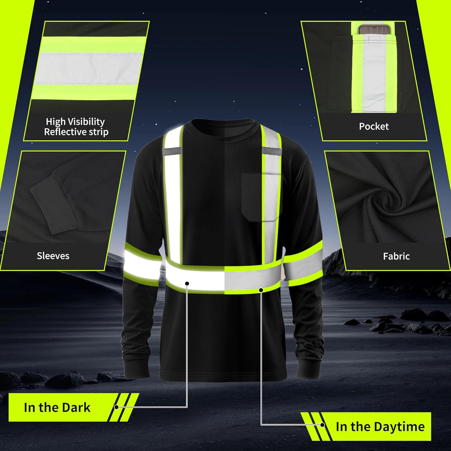 Hi Vis Heavy Duty Men's Long Sleeve Reflective Safety T Shirts Bulk for Work Warehouse Construction Class 3 - Image 4