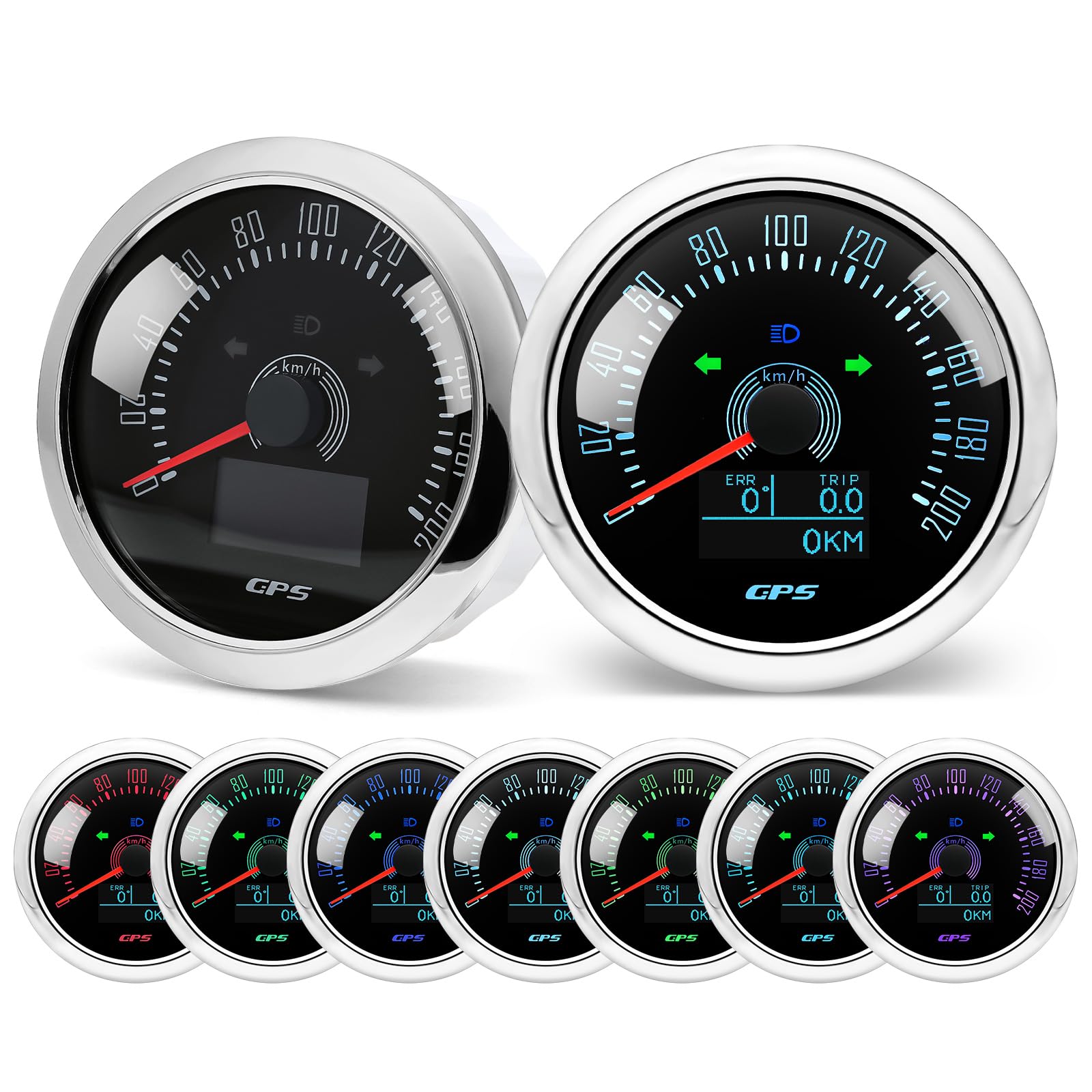 Compteur de vitesse GPS 85 mm 0-200 km/h étanche avec COG voyage kilomètre total pour voiture, camion, moto, 7 couleurs, rétroéclairage 9-32 V
