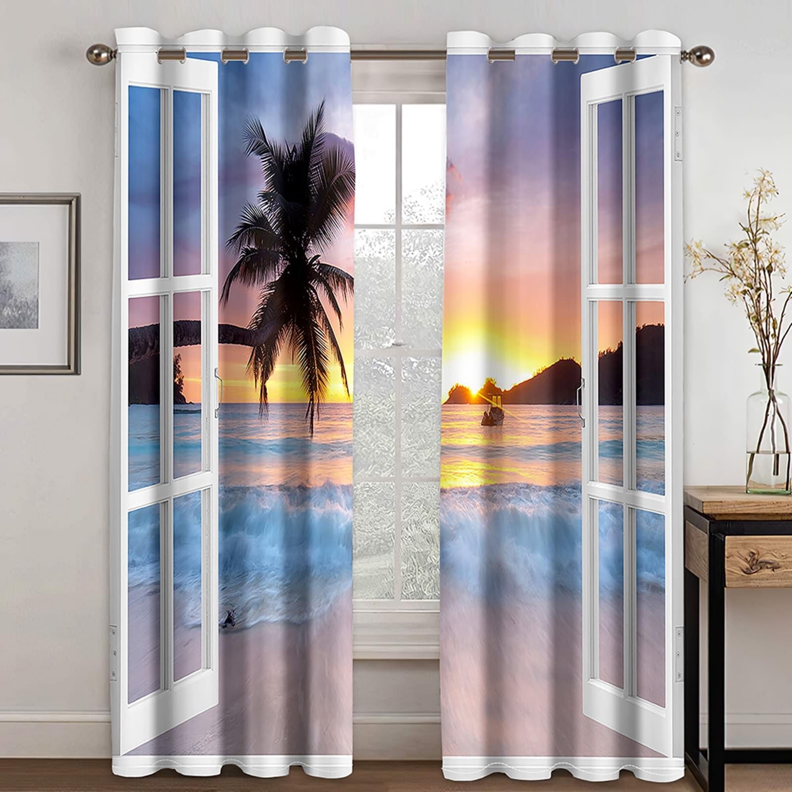 Rideaux Chambre Adulte, Vue de la fenêtre sur la mer au Coucher du Soleil Rideaux à Oeillets pour Salon/Chambre à Coucher, Multicolore, 132x244cm