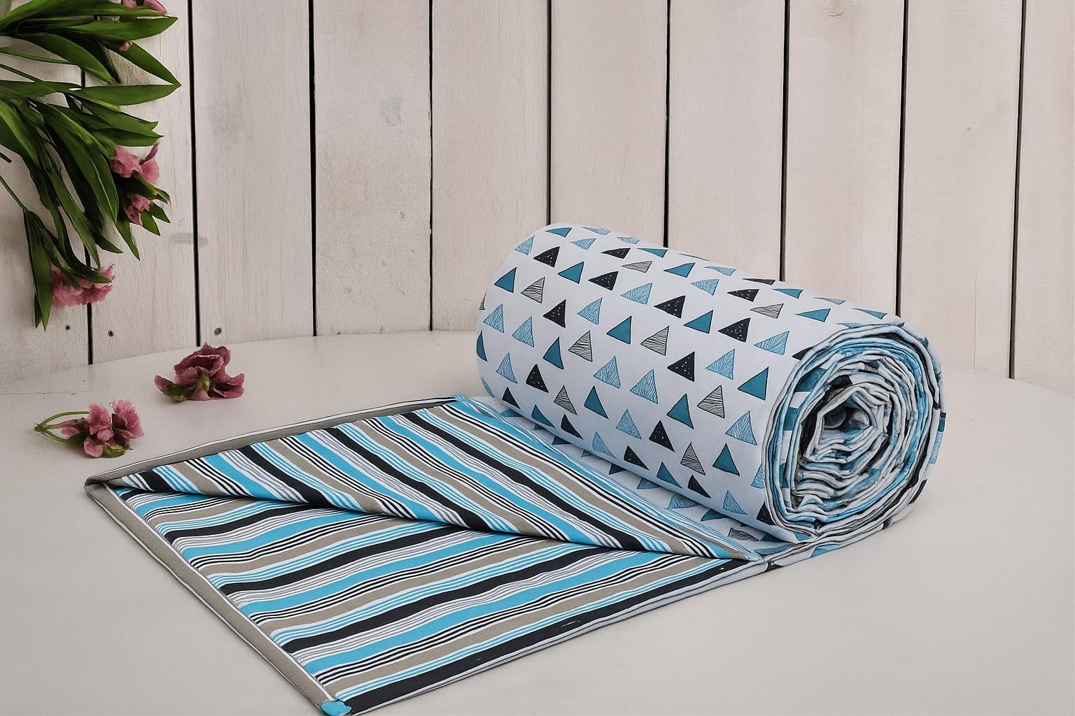 Trance Home Linen Premium 100% Cotton Dohar for Single Bed | 150 GSM | Reversible Ac Comforter | Light Weight All Season Soft Blanket (58x90 Inches | Blue Black Triangles)