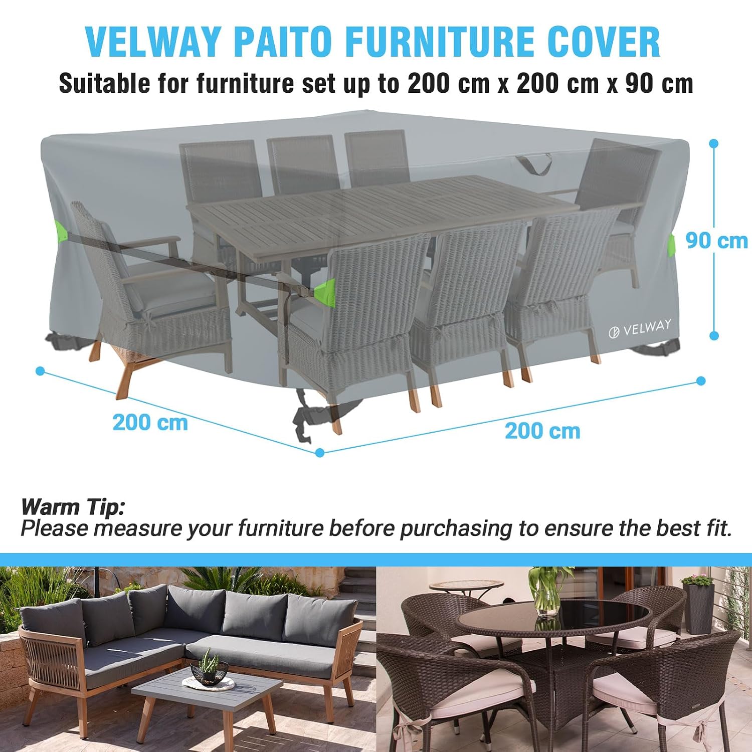 Velway Rattan Garden Furniture Covers: Waterproof 200x200x71cm Square Outdoor Table Cover with Air Vent Anti-UV Windproof for Patio Cube Dining Set - Grey - Image 2