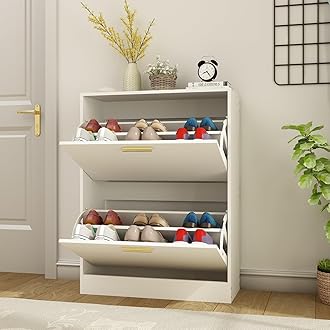 Shoe Cabinet Storage for Entryway Slim, Narrow Shoe Storage Cabinet with 2 Flip Drawers, Freestanding Hidden Shoe Organizer Rack Cabinet, White