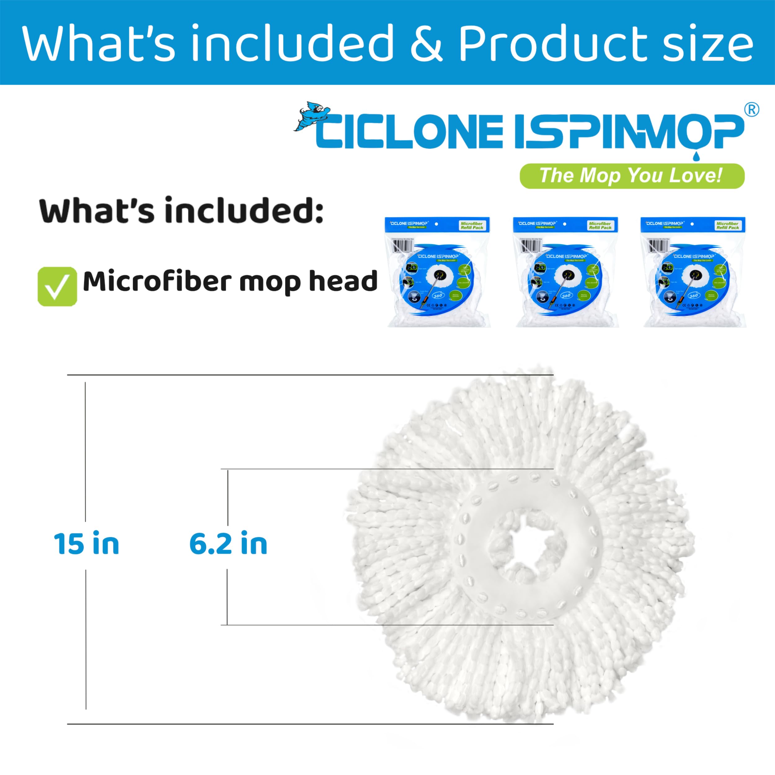 Paquete de 3 cabezales de repuesto para fregona giratoria, microfibra de repuesto de fregona giratoria, repuesto de cabezal de fregona Ciclone Ispinmop 360, repuesto de cabezal de