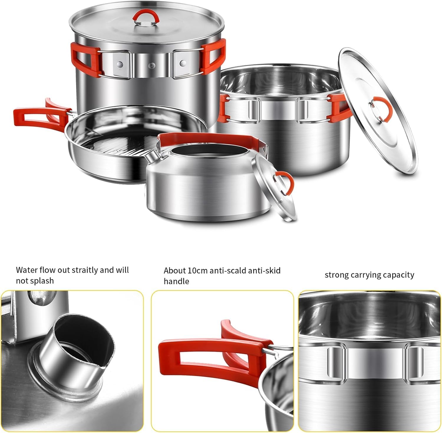 Camping Kochgeschirr Set,Camping Koch Set,304 Edelstahl Campingtöpfe und Pfannen Set,Campinggeräte für Wandern Outdoor Kochen Picknicks für 2-4 Personen