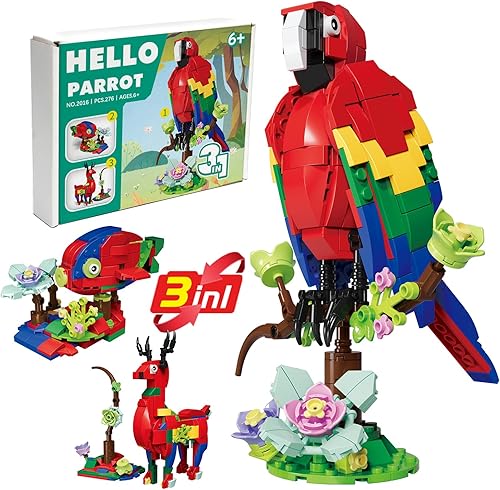 amireed Parrot 3 en 1 iconos de bloques de construcción, ideas transformadoras de juguete con pájarosciervospeces, kit educativo de ladrillos con