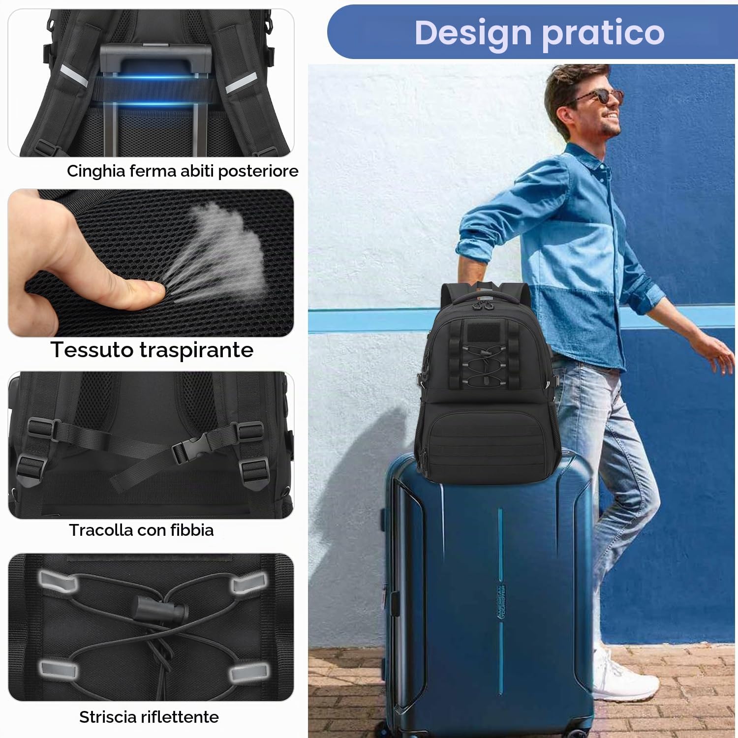 Zaino da lavoro da uomo con scomparto frigo da 17 pollici, con porta di ricarica USB, per lavoro, viaggi, scuola, Nero , Mittelgroße, Tattico