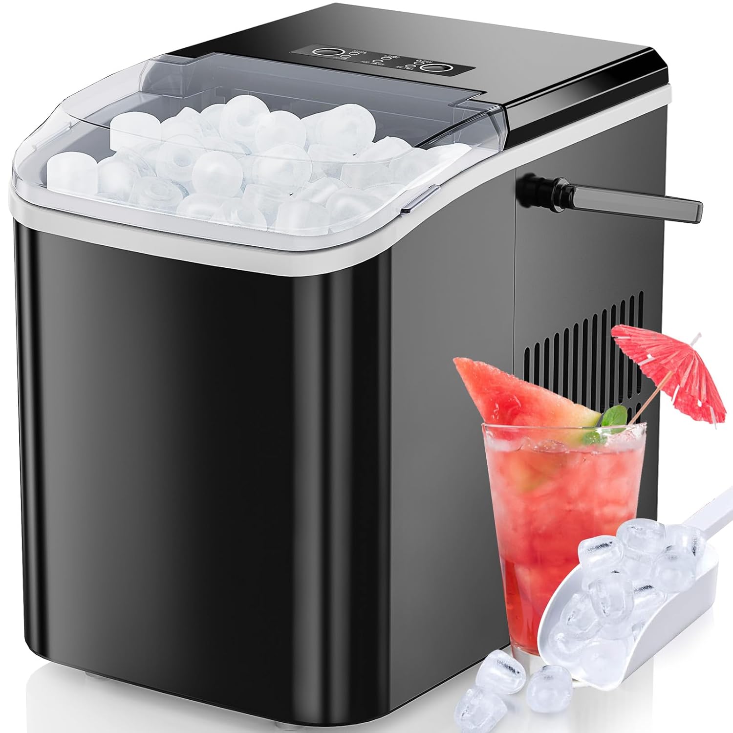 Portable Countertop Ice Maker - Self-Cleaning with Carry Handle, Basket, Scoop, 9 Cubes in 6 Mins, 26.5lbs/24Hrs, 2 Sizes of Bullet Ice for Home, Kitchen, Party - Black