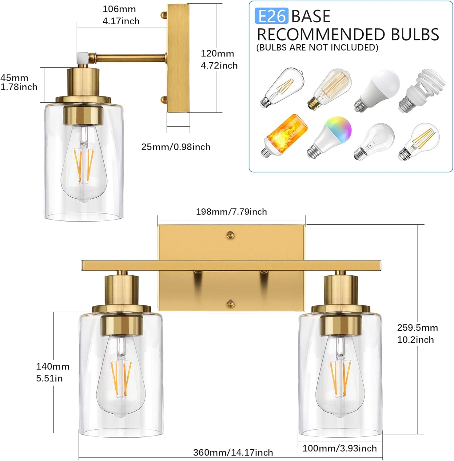 ShineTech 2-Light Gold Bathroom Vanity Fixtures, Modern Wall Lighting with Clear Glass, Brushed Brass Wall Sconce Light for Mirror, Living Room