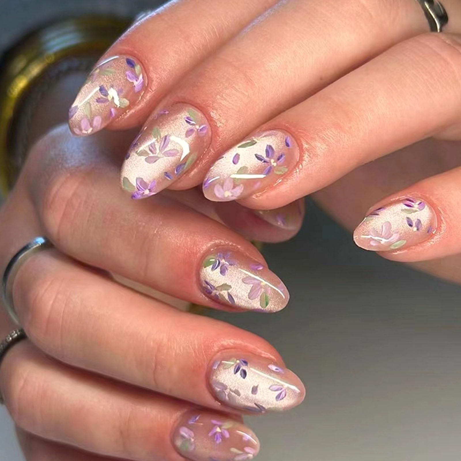 Almond Press on Nails Short Fake Nails with Purple Flower Leaves Designs Glitter Glue on Nails Press ons Milky Cat Eye False Nails Artificial Stick on