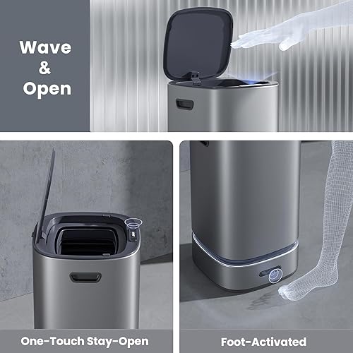 Miniatura 4 de ELPHECO Bote de basura automático de acero inoxidable de 4 galones, papelera autosellable, papelera de 15 litros, cubo de basura grande de metal sin