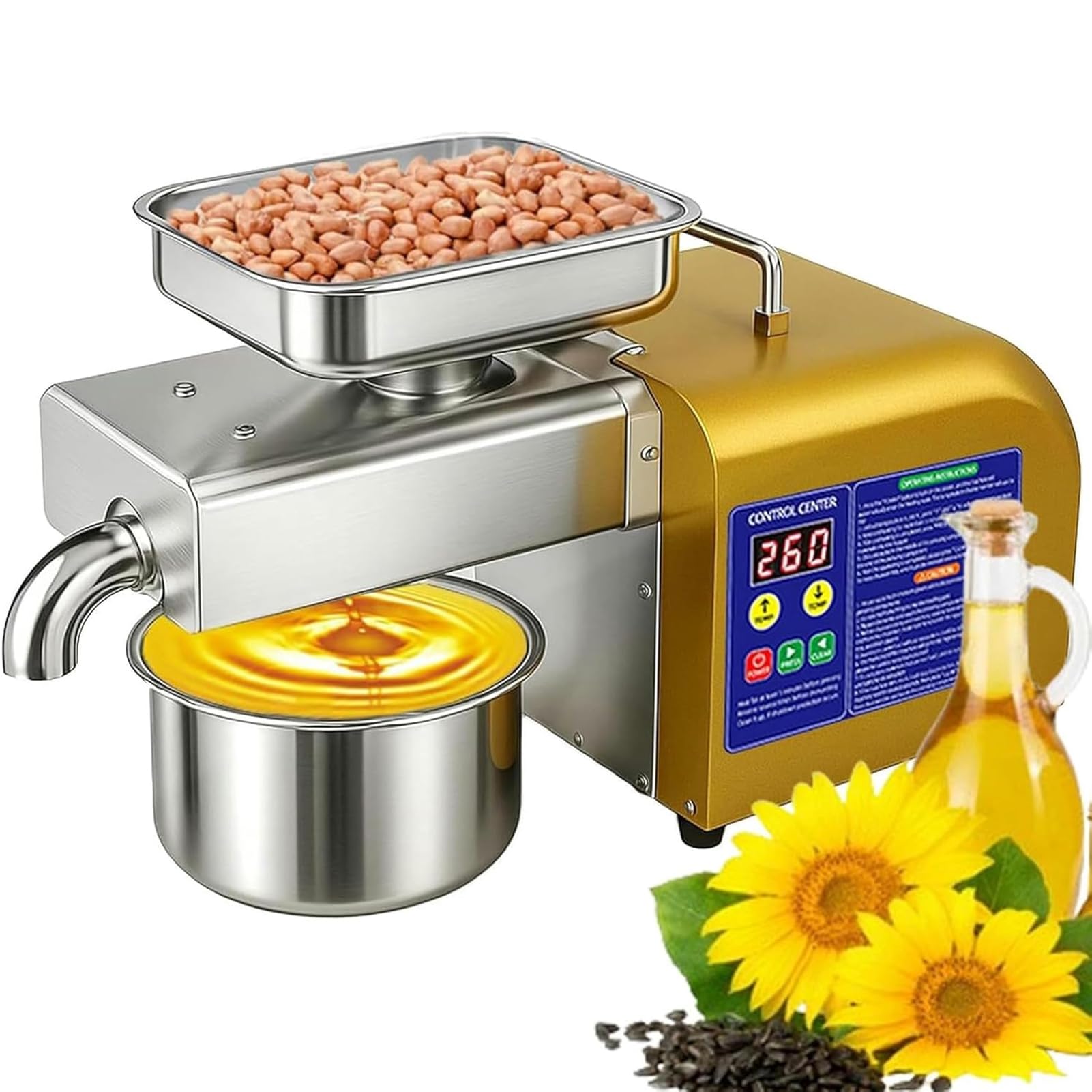 Eiwitany Automatic Oil Press Machine, Stainless Steel Cold/Hot Oil Extractor for Nuts, Seeds, Spices, Coffee Beans & Grains.