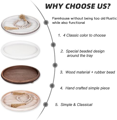 Miniatura 6 de Bandeja decorativa de madera de 12 pulgadas, bandeja redonda con cuentas de madera, bandeja decorativa para mesa de café, bandeja redonda para