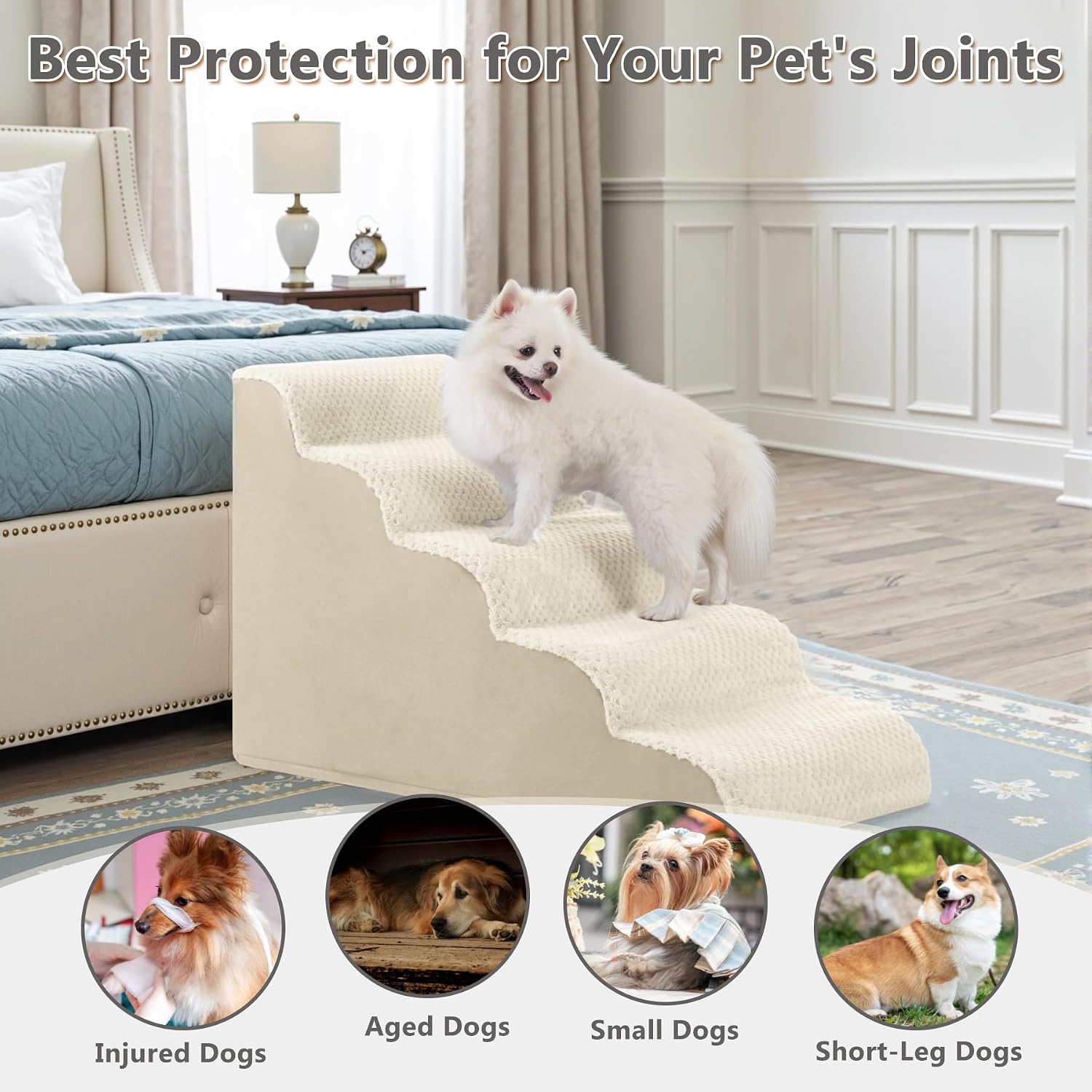 Dog Stairs Ramp, Curved 5-Step Dog Steps for Small Dogs and Cats, Pet Stairs for High Beds and Couch with Anti-Slip Washable Cover and Durable High Density Foam, Beige