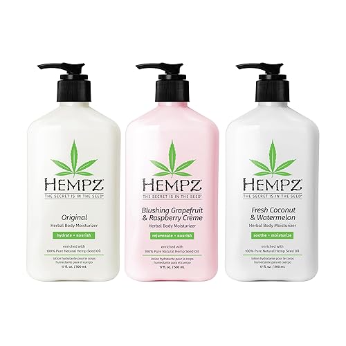 Hempz Hidratante corporal original a base de hierbas + hidratante de coco fresco y sandía + pomelo ruborizante y crema de frambuesa, 17 onzas