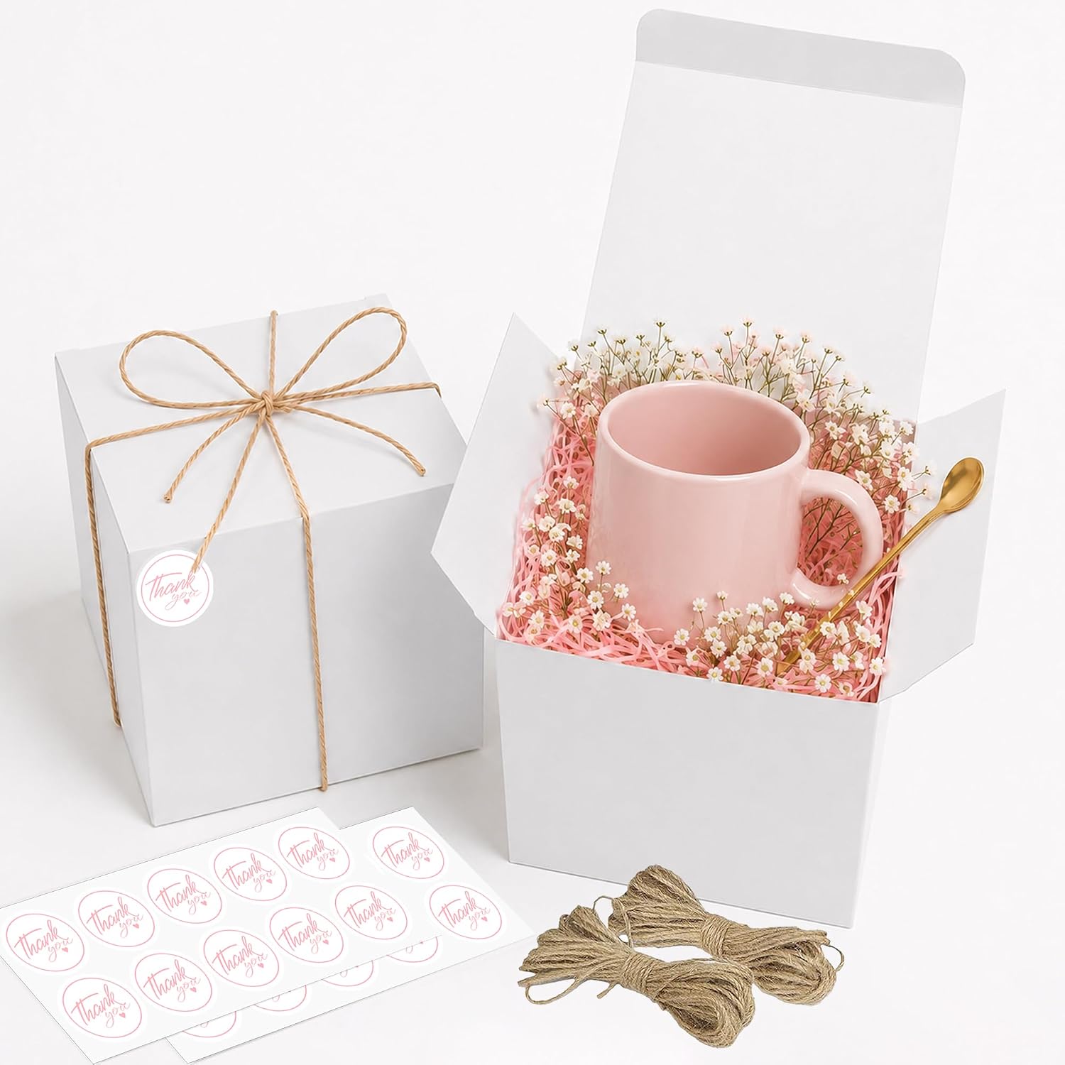 MOLDTAS 20 Pack White Boxes with Lids and Pink Thank You Stickers Packing Boxes for Birthday Holiday Presents Craft (4X4X4 inches)
