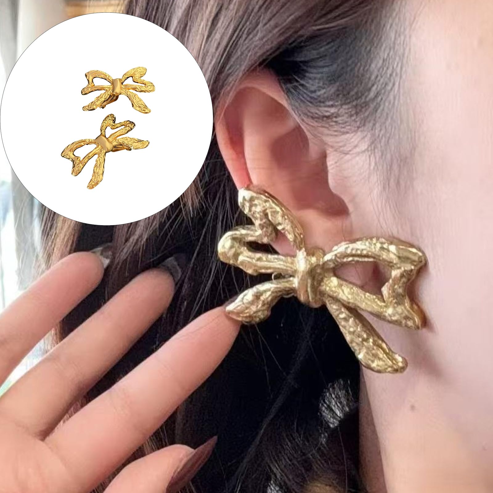 Orecchini a clip minimalisti a forma di fiocco, da donna, realizzati in robusto rame, orecchini tradizionali con design curvato