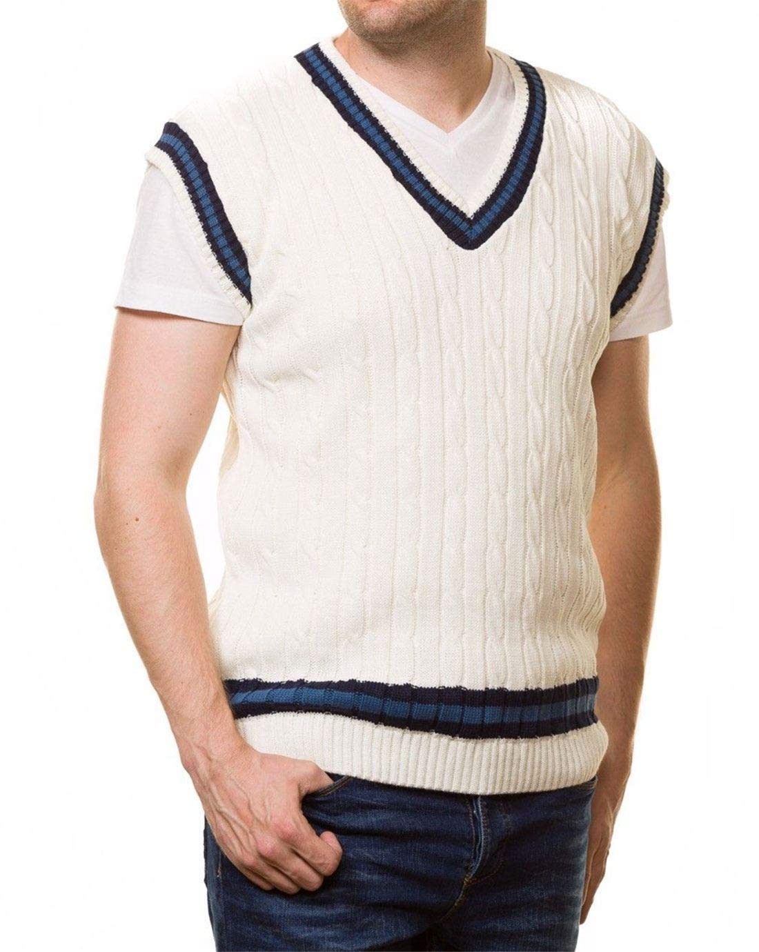 Fairy Trendz Women's Cream Unisex Classic V Neck Sleeveless Thick Knitted Cricket Jumper Mens Sport Sweater Pullover Tank Top