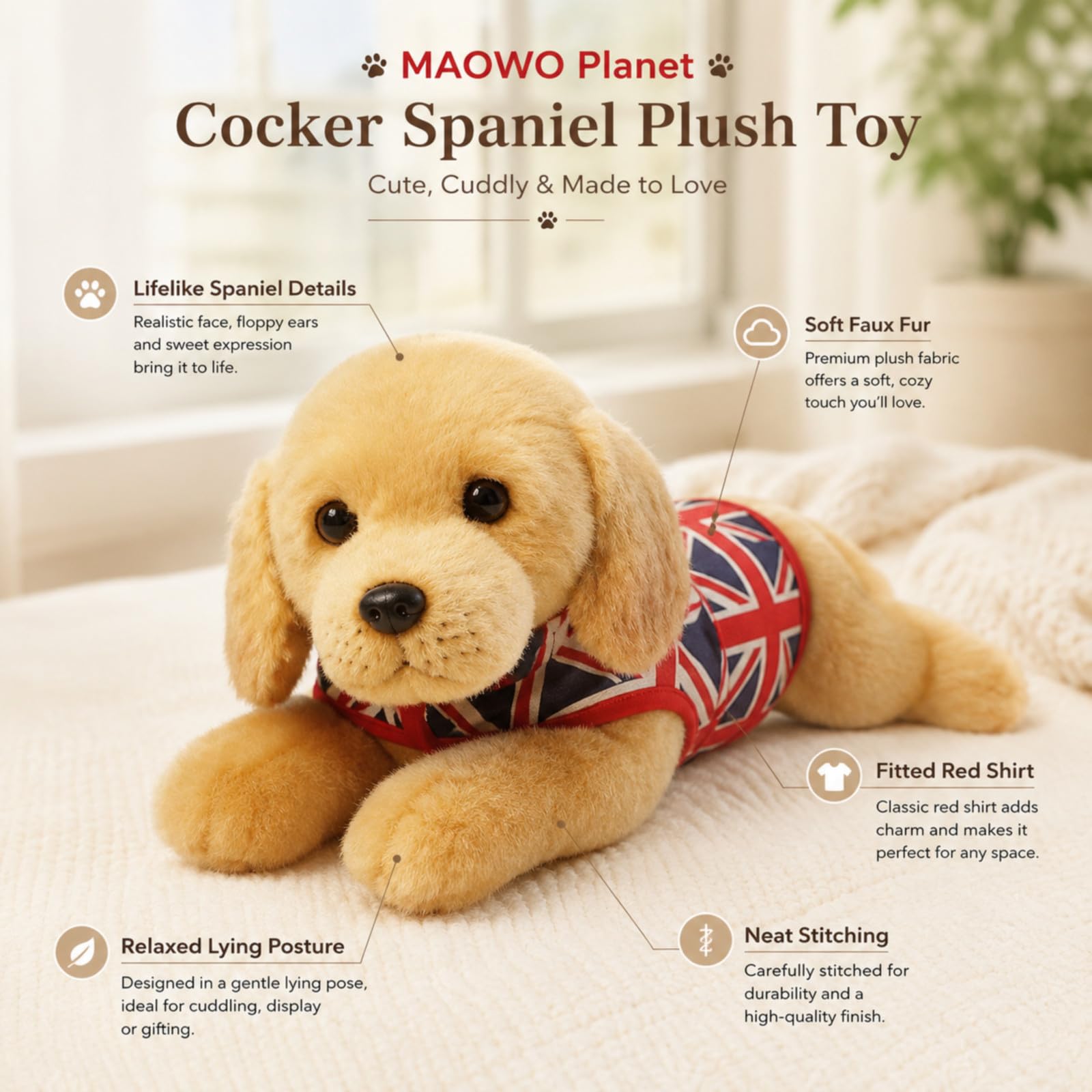 Labrador - Peluche per cani, con gilet Union Jack, realistico cucciolo dorato, morbida pelliccia sintetica e zampe ponderate, regalo souvenir britannico per gli amanti dei cani, 37 cm