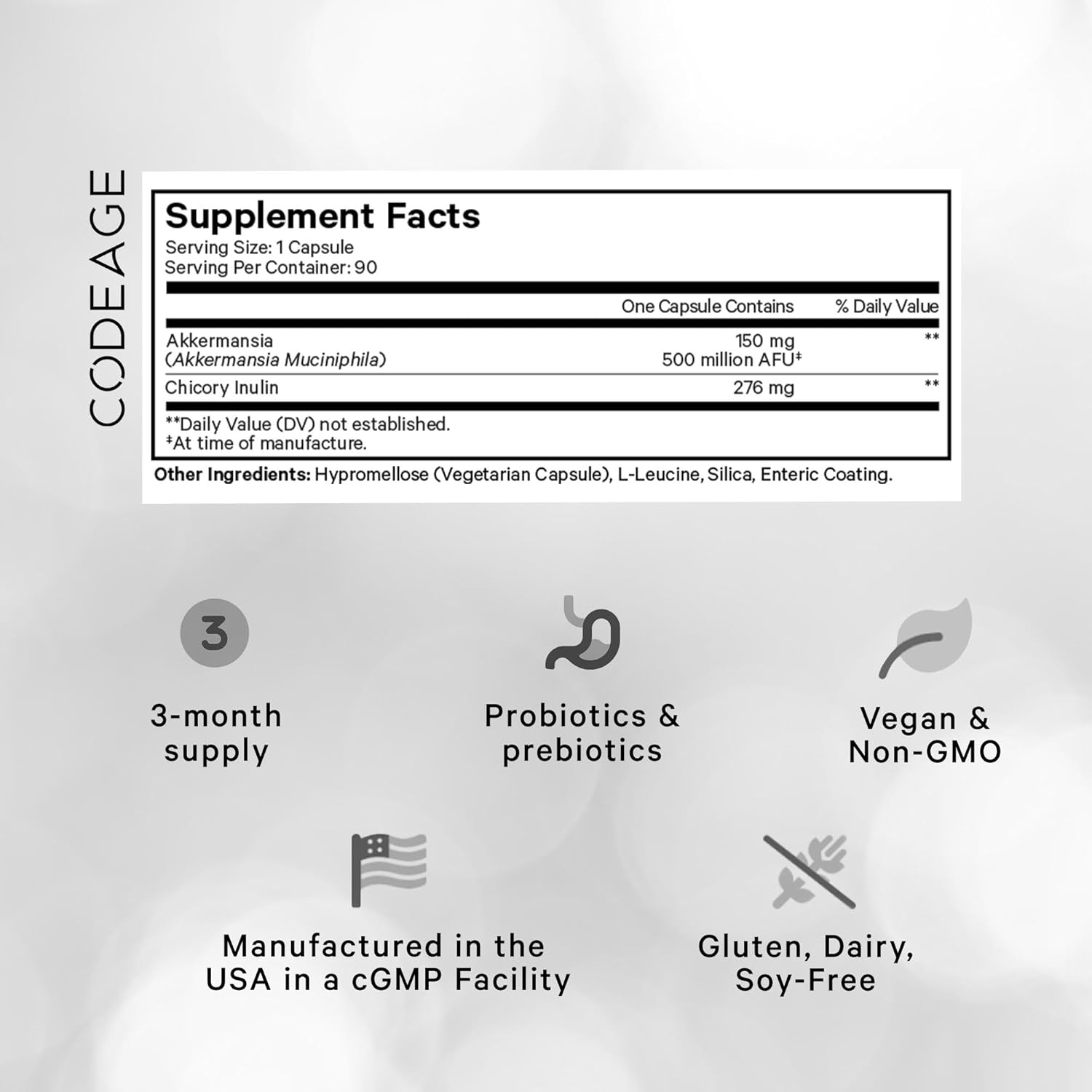 Codeage Akkermansia Muciniphila Probiotic Ultra - High-Potency 500M AFUs Akkermansia Probiotic Supplement - Enhanced Daily Probiotic & Prebiotic, Chicory Inulin - 3-Month Supply - 90 Capsules - Image 2