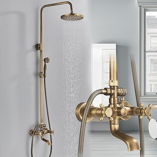 TINICO Juego de grifos de ducha de latón antiguo, 8 pulgadas, montaje en pared, estilo vintage, cascada, kit de accesorios de ducha con rociador de