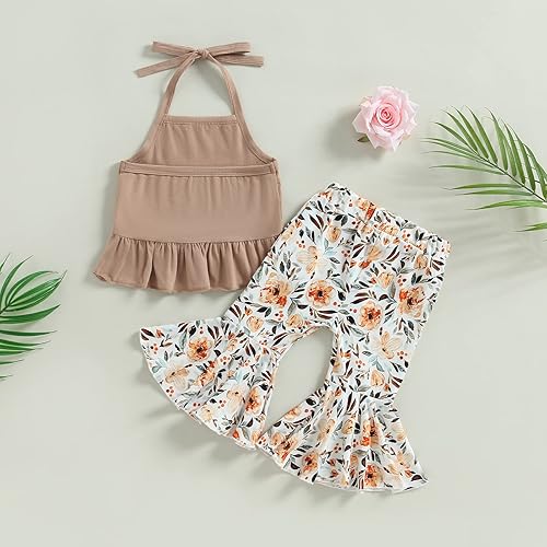 Miniatura 7 de TheFound Traje de verano para bebé niña pequeña, parte superior con cuello halter, pantalones acampanados, 2 piezas, ropa para recién nacidos