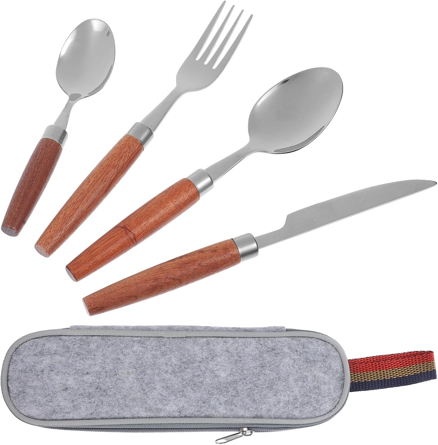 Outdoor Picnic Flatware Set 4pcs Stainless Steel Western Food Cutlery with Vintage Wood Handle, Reusable Portable Fork Knife Spoon for Camping and Travel