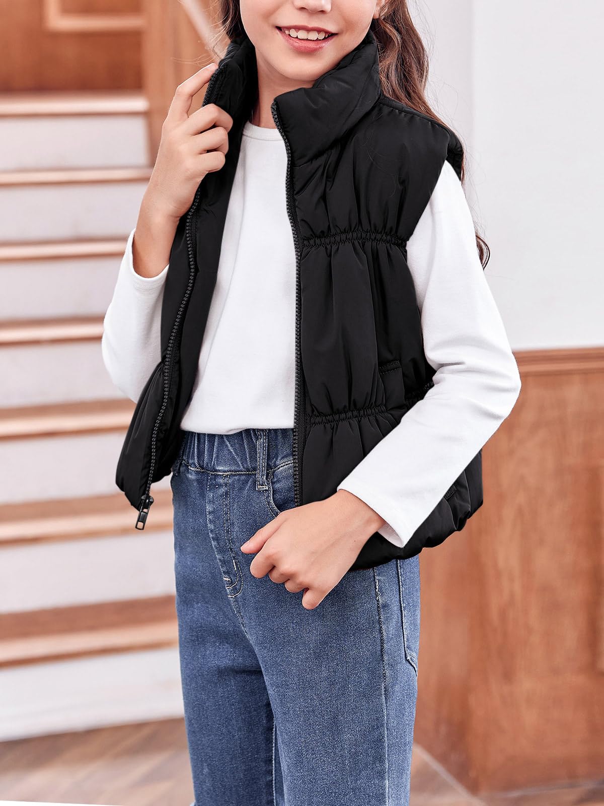 Haloumoning Chaleco de invierno para niñas, cuello alto, sin mangas, cálido, chaleco acolchado para niños, ropa de abrigo linda, chaleco ligero