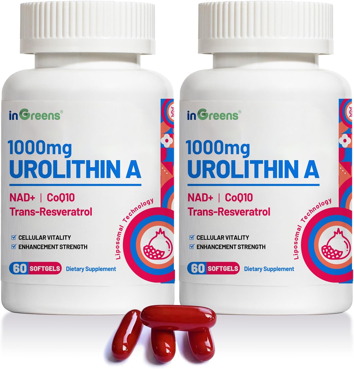 inGreens Urolithin A 1000mg with NAD+ 300mg, CoQ10 200mg, and Trans-Resveratrol 200mg Supplement 120 Softgels