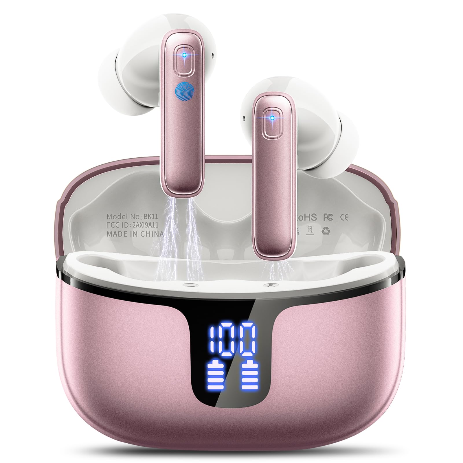 Cuffie Bluetooth, Auricolari Bluetooth 5.3 Stereo HiFi con Mic Cancellazione Rumore, Cuffie Wireless In Ear 40H LED Display Cuffiette Bluetooth IP7 Impermeabili Auricolari Senza Fili USB-C Rose Gold