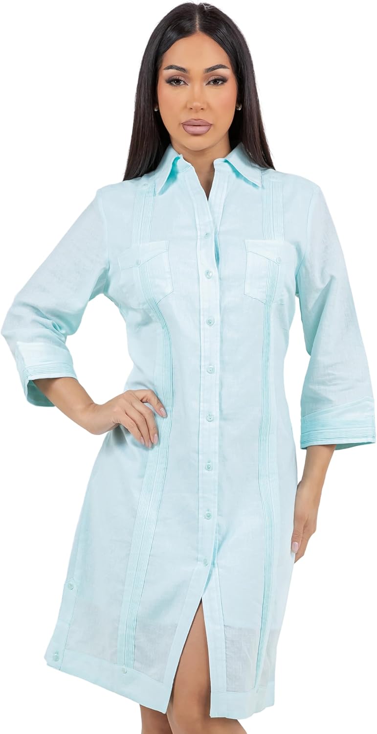 Mojito Women's Guayabera Dress Classic Style Linen Blend 3/4 Sleeve and Button Down