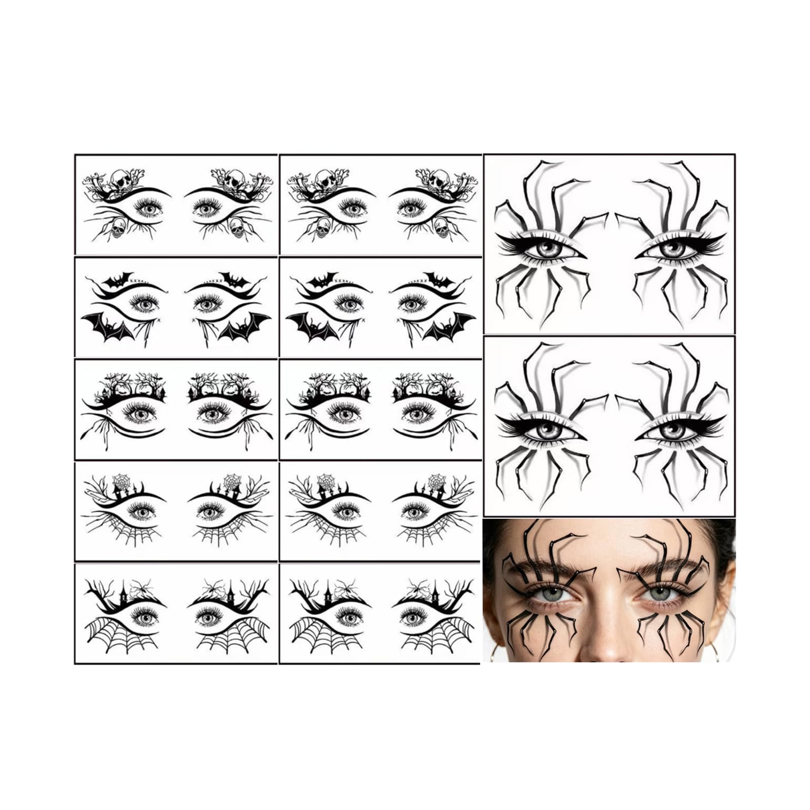 Halloween Eye Shadow Temporary Tattoos, 12 Sheets 3D Spider Web Eye Tattoo Stickers for Women Men, Scary Eyeliner Fake Tattoos Face Makeup Halloween Party Supplies Black2