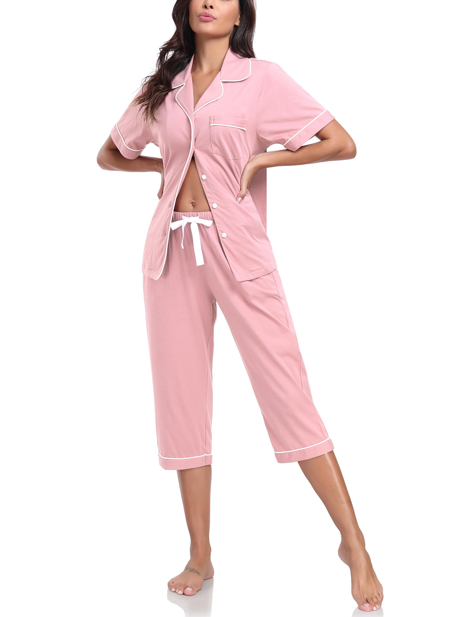 COLORFULLEAF 100% Cotton Women's Pajama Sets Short Sleeve Capri Pajamas for Women Set Button Down Pjs Soft Sleepwear Summer