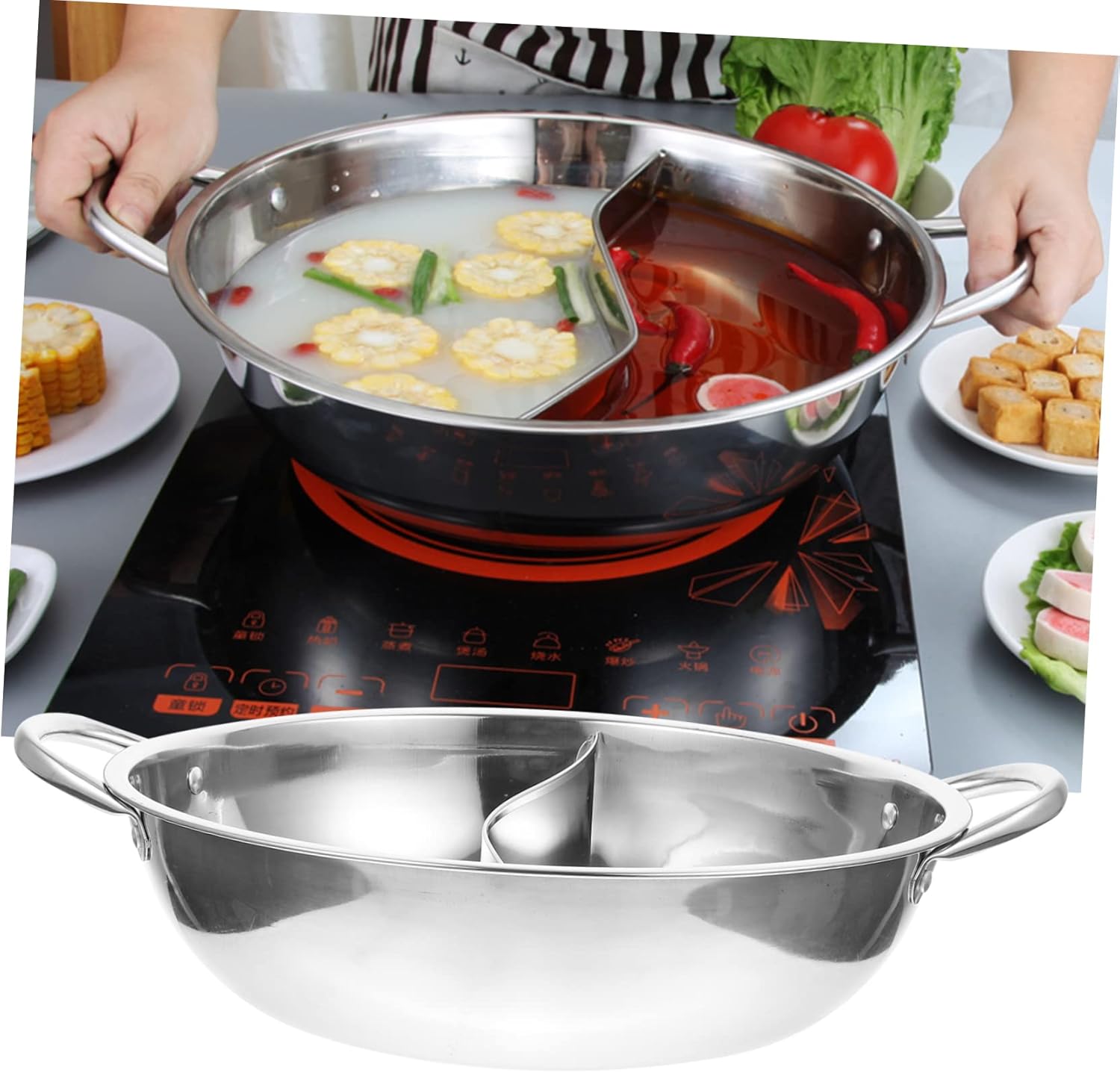 KICHOUSE Stainless Steel Divided Hot Pot Pan for Induction Cooktop Gas Stove Versatile Double Boiler Design for Cooking Serving with Easy Cleanup Ideal for Electric Stoves