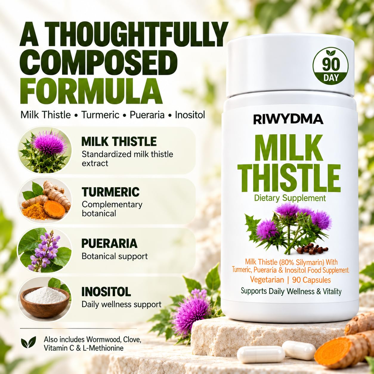 Milk Thistle Liver Detox, 8-in-1 Milk Thistle Liver Support Supplement, 90 Vegetarian Capsules, 80% Silymarin Herbal Formula with Turmeric, Pueraria & Inositol, Digestive & Detox Support — Amazon image 4
