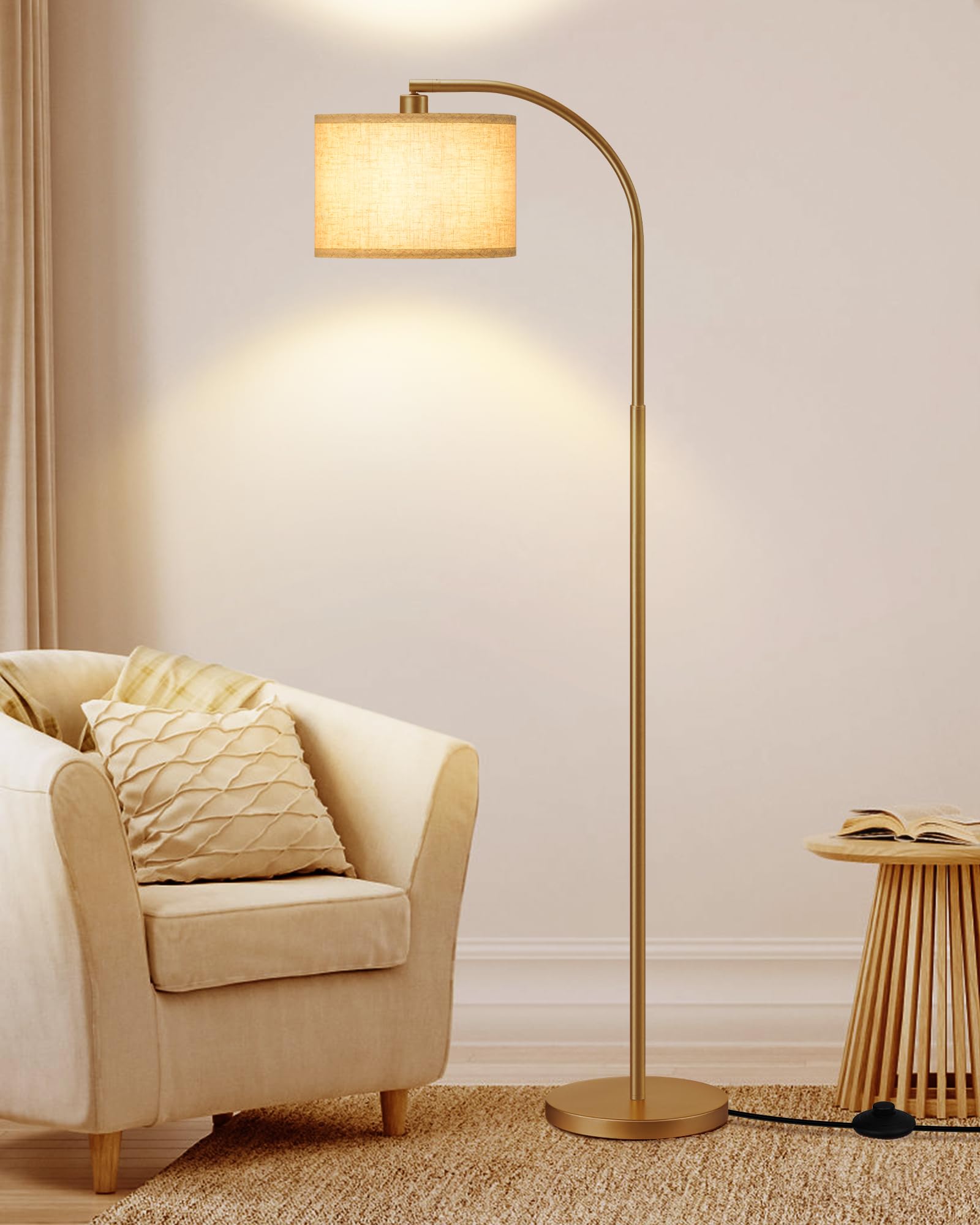 EDISHINE Lámpara de Pie Arco 161cm Pantalla de Lino Beige E27 con Bombilla LED Ajustable Dorado