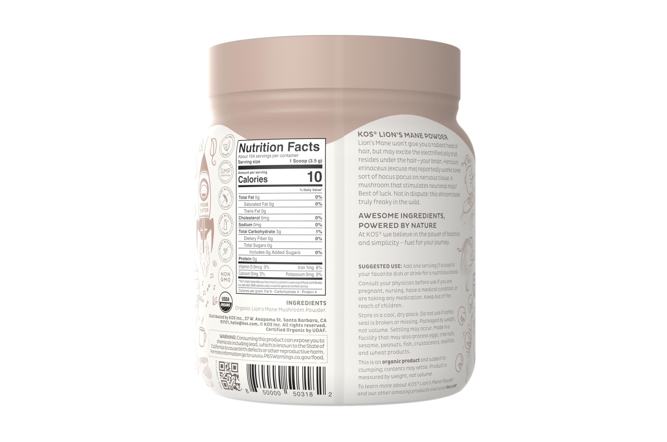 KOS Organic Lion's Mane Powder - Natural Nootropic Superfood - Vegan Functional Mushroom, Plant Based, USDA Certified, Non-GMO, Soy & Gluten-Free - 104 Servings — Amazon image 4