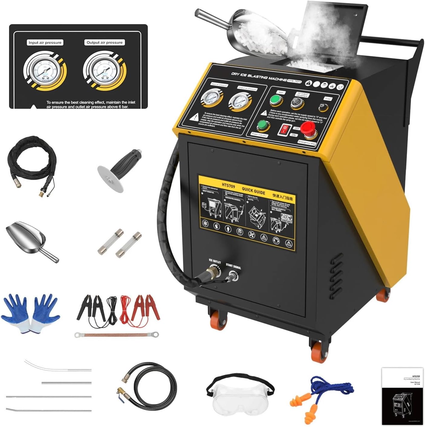 Dry Ice Blasting Machine,High Pressure Dry Ice Blaster,HTS709 Dual-Pressure Gauge Non Abrasive Cleaning System Industrial Dry Ice Blasting Equipment For Grease, Paint, Fire Damage,Electric,110V/220V