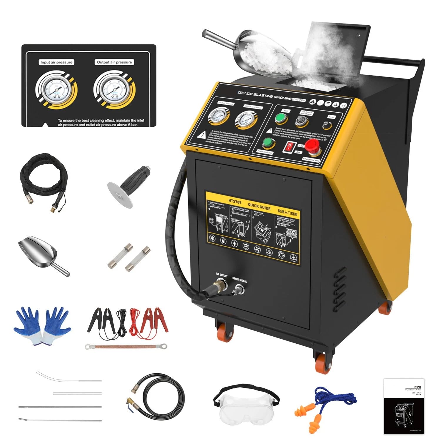Trockeneisstrahler,HTS709 Pellet-Trockeneis-Reinigungsmaschine,Doppeldruckanzeige,3mm Granulat-Trockeneisstrahlmaschine mit einstellbarer Trockeneismenge,7,5kg Trockeneisbehälter,4 Düsen,110V/220V