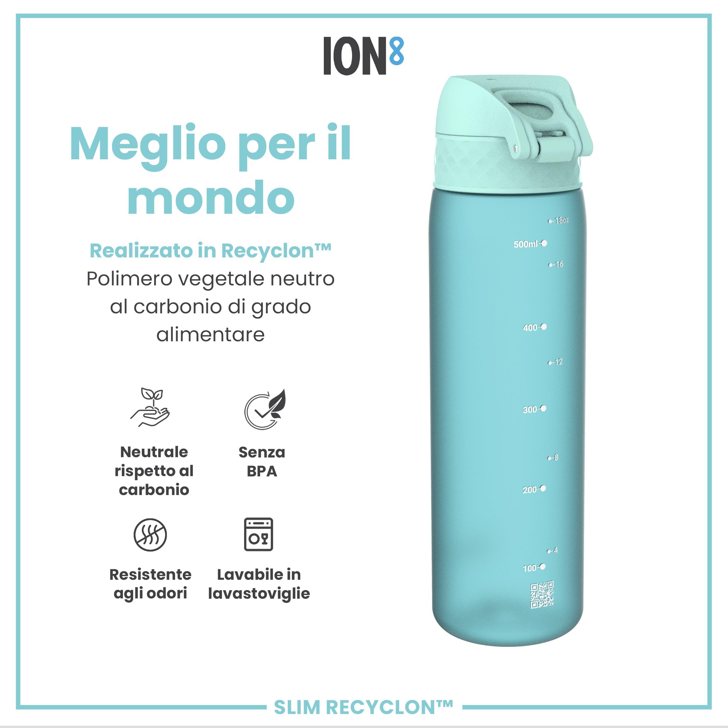 Ion8 Borraccia a Prova di Perdite, 500ml, Facile da Aprire, Serratura Sicura, Lavabile in Lavastoviglie, Senza BPA, Maniglia per il Trasporto, Adatta a Portabicchieri, Facile Pulizia, Blu Sonico