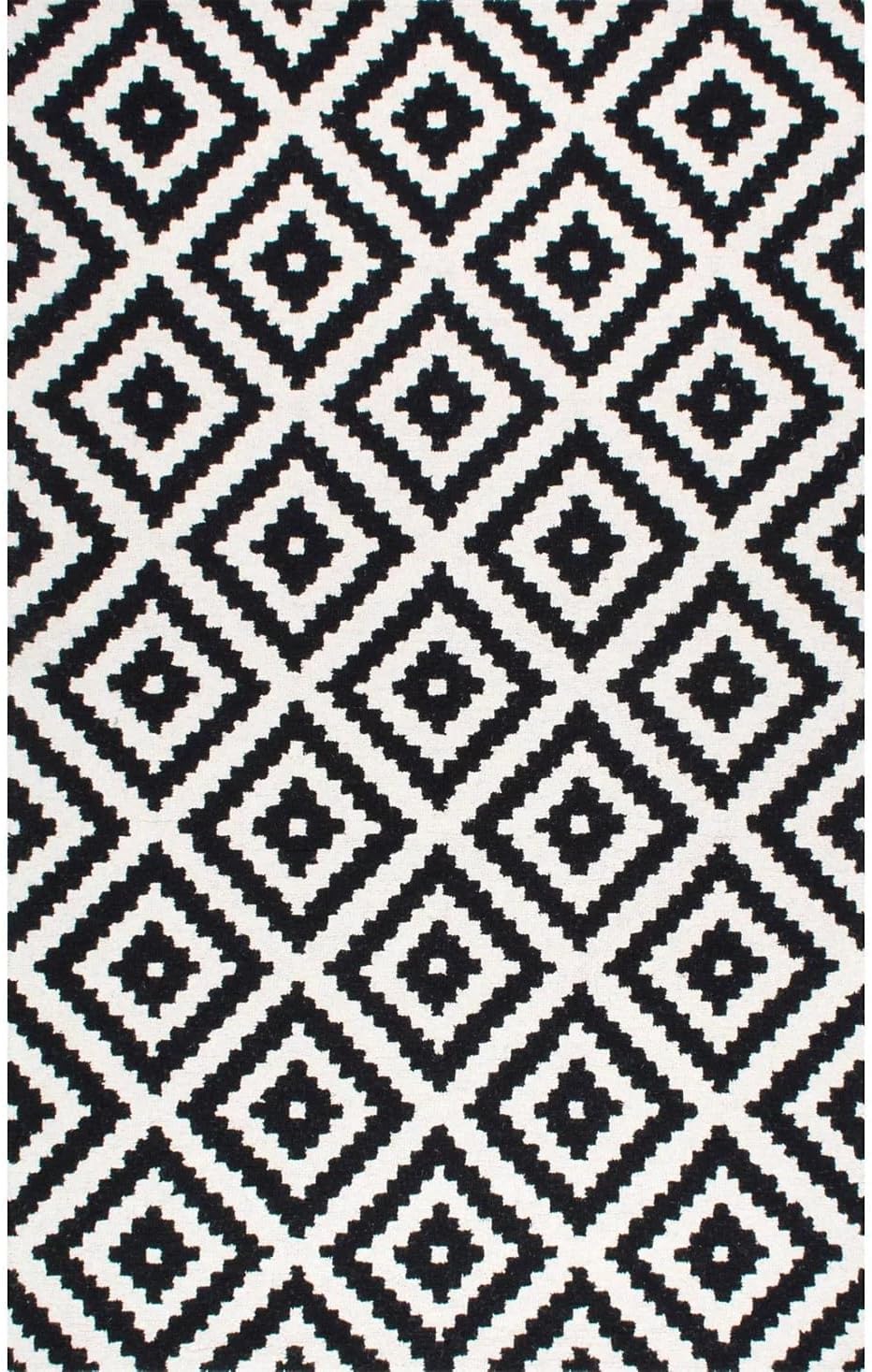 Hand-Tufted Rectangular Loop Pile Wool Area Rug with Anti Skid Backing, Non Shedding Durable Soft Floor Carpet for Office & Home Decor 9 x 13 Ft Black/White
