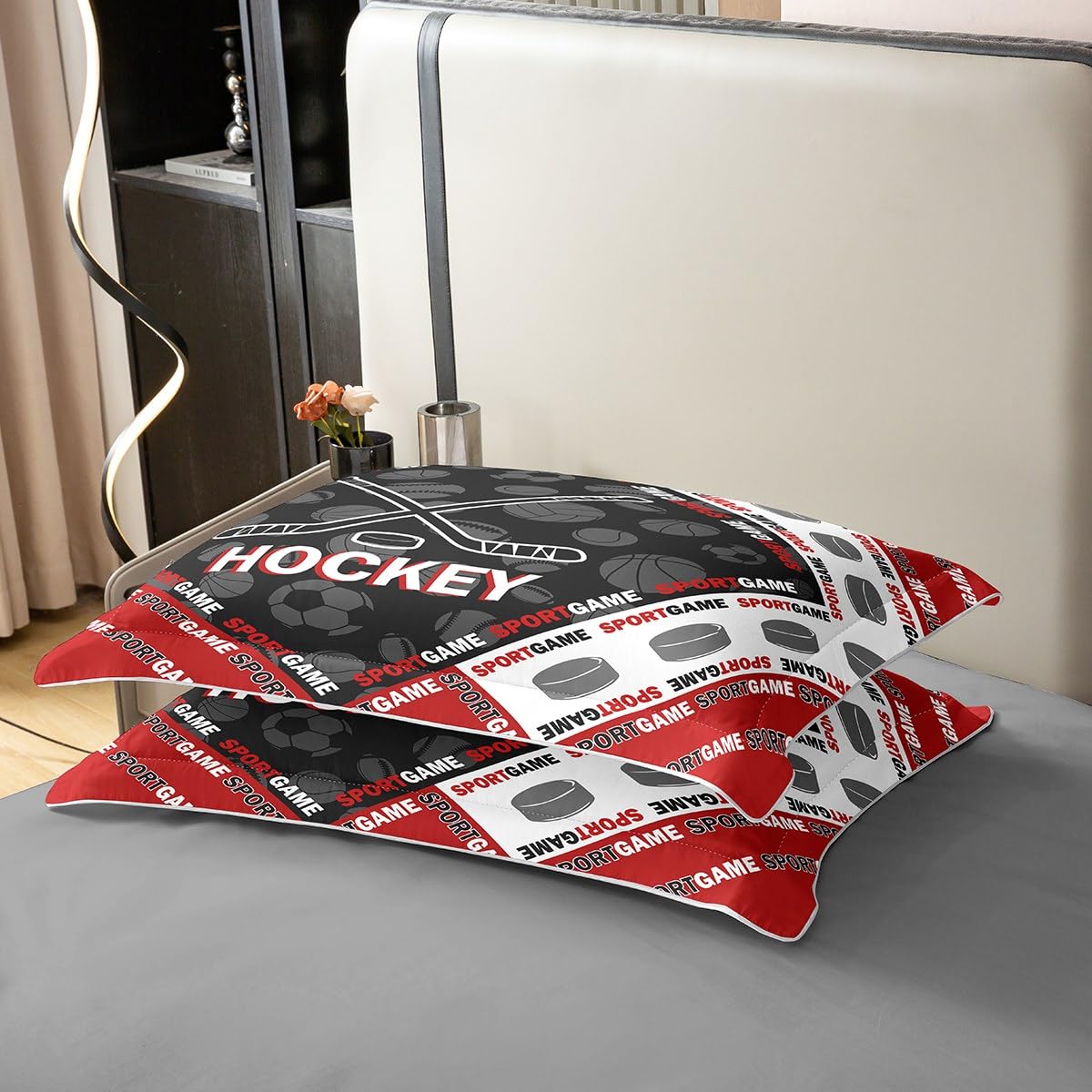 Set di biancheria da letto in 100% cotone naturale con motivo hockey su ghiaccio, rosso, nero, bianco, con palline, per bambini, ragazzi, adolescenti, adulti, stile moderno, stile sport estremi, con 1