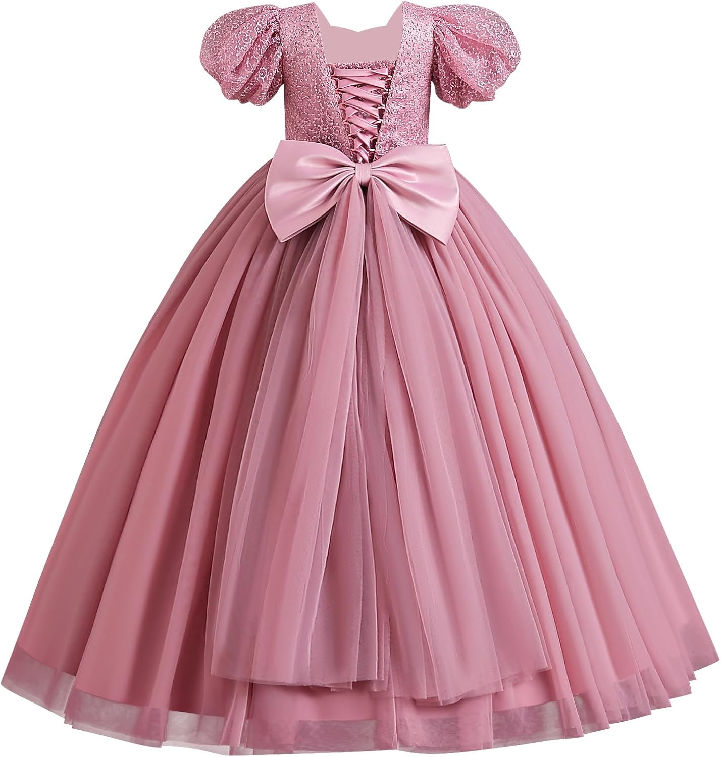 IDOPIP Flower Girl Sequin Lace-up Bow Dress for Kid Wedding Bridesmaid Pageant Party Formal Long Gown Communion Tulle Dresses